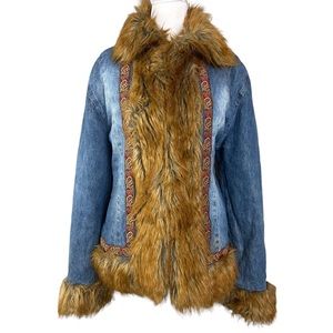 Y2K Penny Lane Denim Jacket Faux Fur Trim Embroidered Boho L Kaity